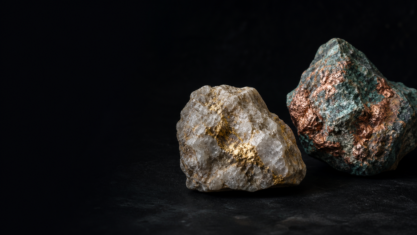 Gold-bearing quartz and copper ore displayed on a dark surface